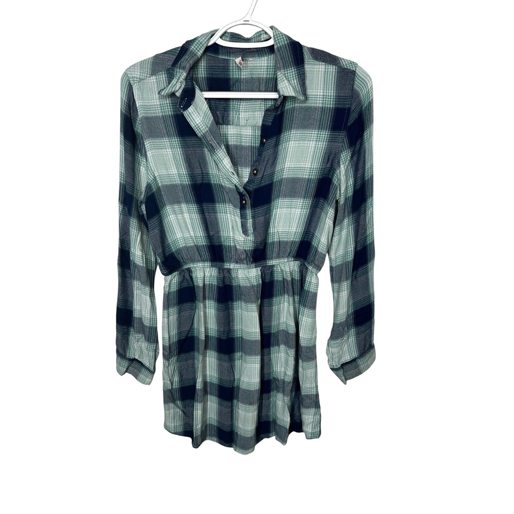 SO Blue and Green‎ Plaid Dress Elastic Waist 1/2 Button Front Girls Size XL